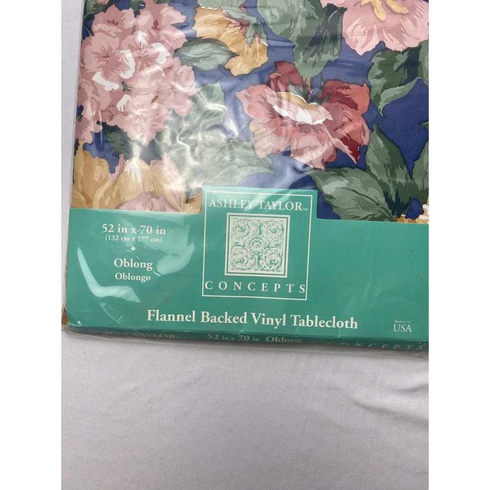 Ashley Taylor Concepts‎ Flannel Backed Vinyl Oblong Tablecloth Floral Blue 52x70